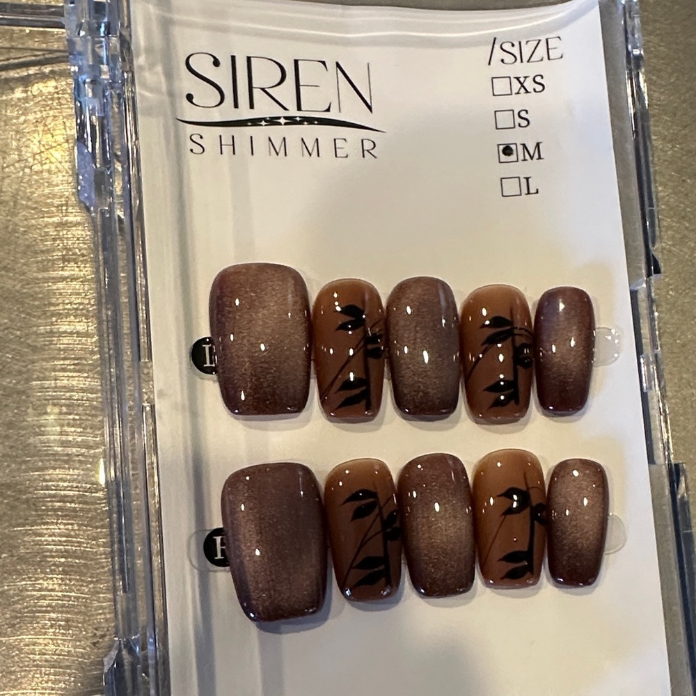 Brown Ombre Press-On Nails with Black Leaf Design